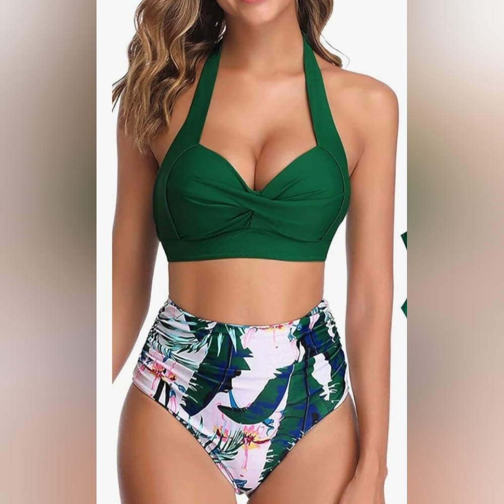 tempt me for women two-piece swimsuit palm designs size S green/white beach pool